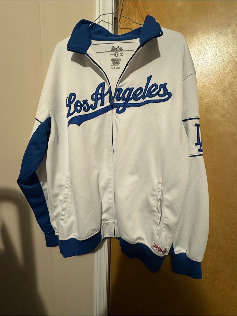 Stitches White and Blue Varsity Bomber Jacket